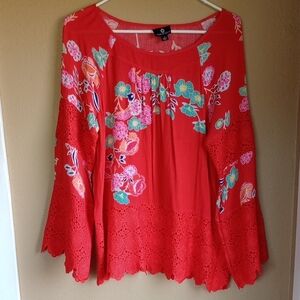 Curations Vibrant Lace Floral Boho Flare Sleeve Festival Spring Top Blouse Size